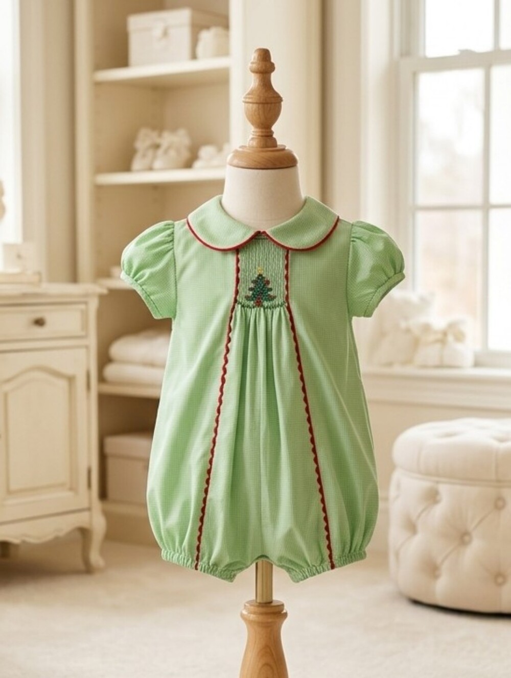 Baby Blessings Green & White Microcheck Smocked Christmas Tree Bubble | Size 6M - Picture 1 of 6